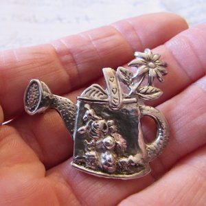Vintage Water Bucket Flower Sterling Silver Brooch